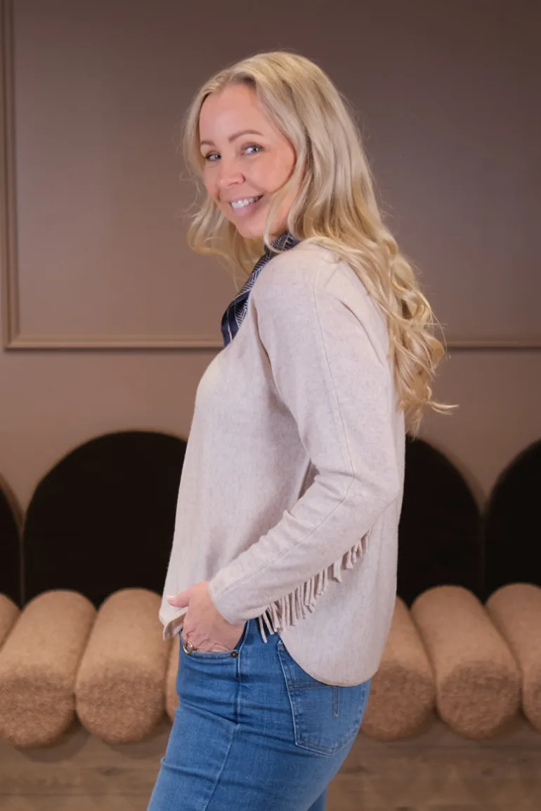 Curved Fringes Sweater Light Beige