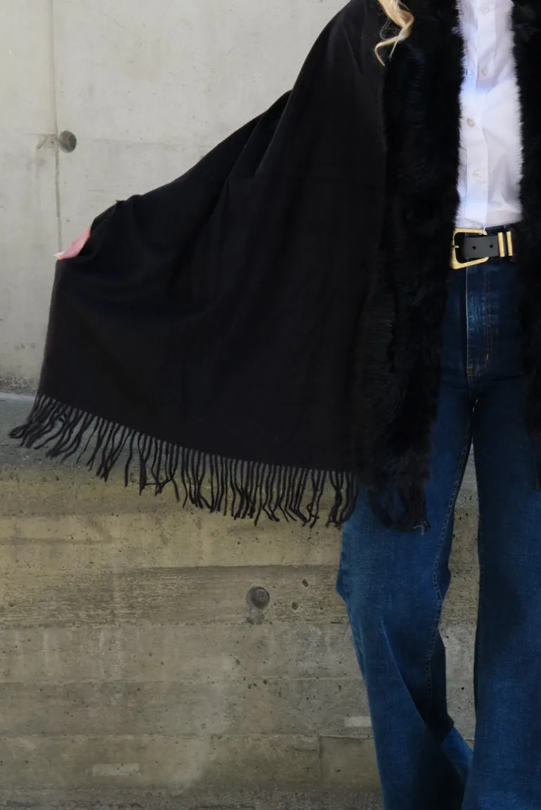 Ull Skjerf Med Fuskepels Black